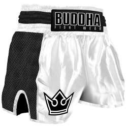 Calções muay thai Buddha retro premium (branco/preto)